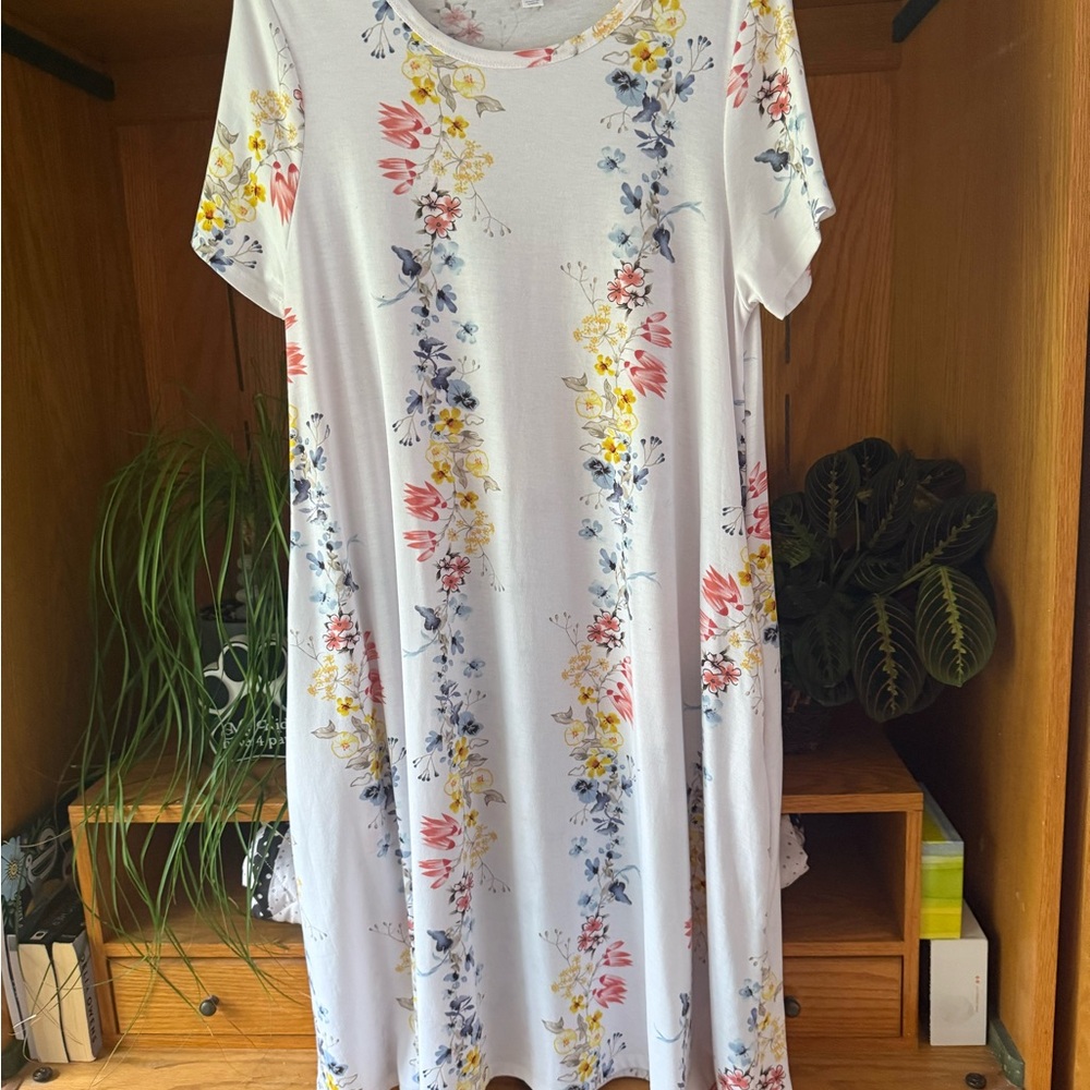 LuLaRoe Floral Dress - White with Pink, Yellow, and Blue
